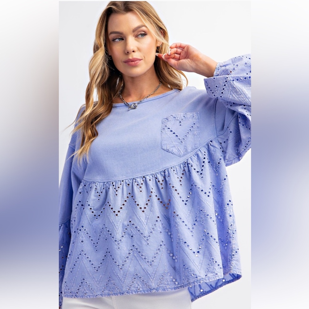 easel Eyelet Peplum Long-Sleeve Top. Brand new with tags